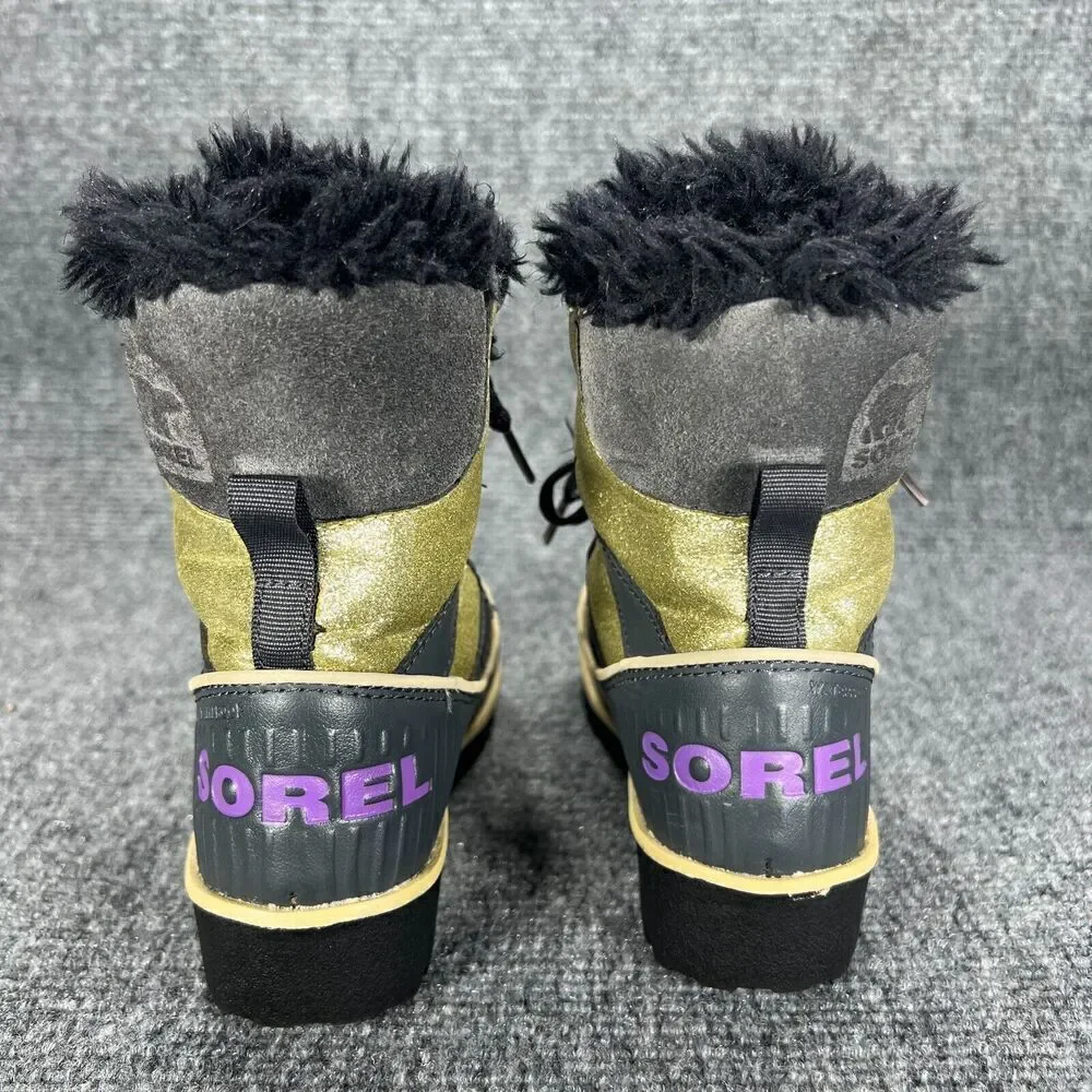 Sorel Tivoli II Girls Snow Winter Boots Size 10 Gold Glitter Waterproof Faux Fur